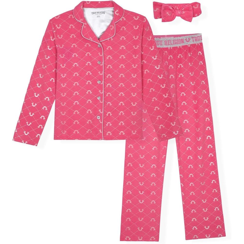 imageTrue Religion Girls Pajama Set 3Piece ButtonFront Top Sleep Pants and HeadbandHot Pink Fleece