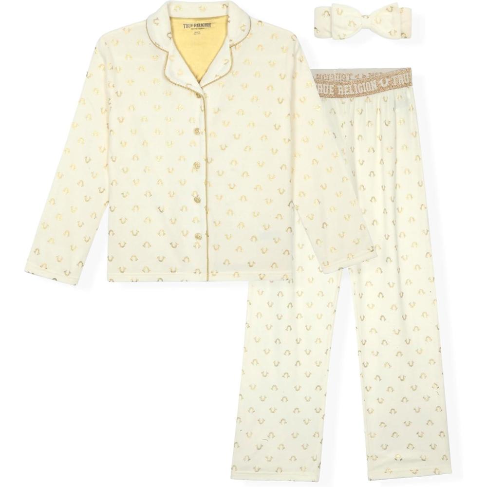 imageTrue Religion Girls Pajama Set 3Piece ButtonFront Top Sleep Pants and HeadbandIvory Gold Fleece