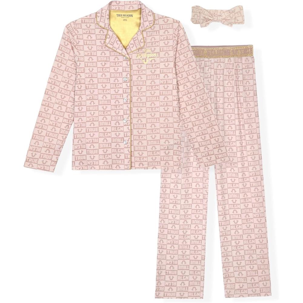 imageTrue Religion Girls Pajama Set 3Piece ButtonFront Top Sleep Pants and HeadbandLight Pink