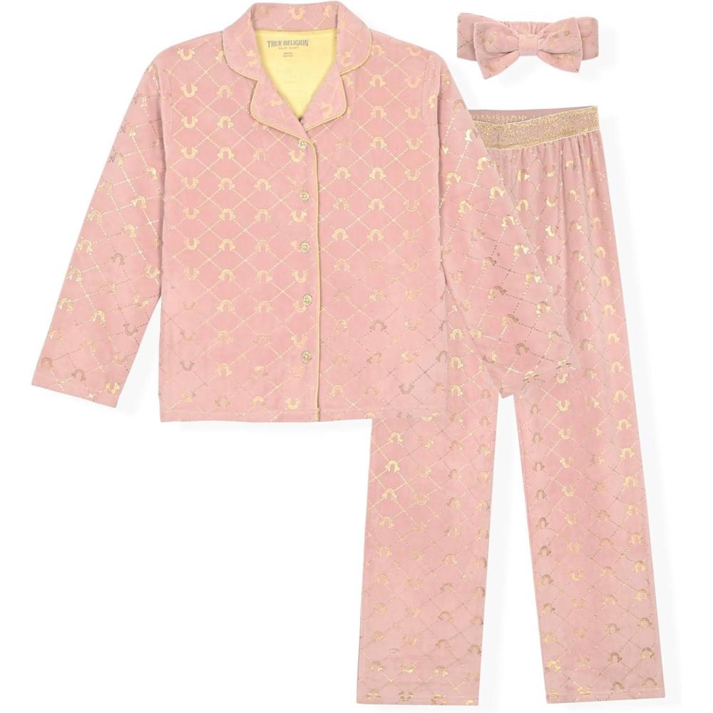 imageTrue Religion Girls Pajama Set 3Piece ButtonFront Top Sleep Pants and HeadbandMauve Gold Velour