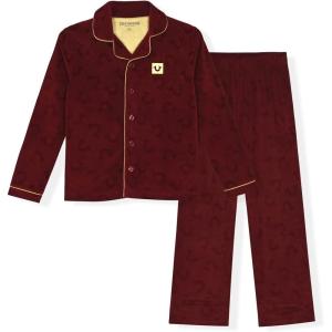 True Religion Boys 2 Piece Pajamas Set with Button Front Top & Pajama Pants for Kids (Sizes 4–14)(Red Velour)