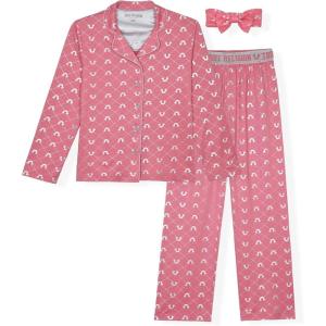 True Religion Girls Pajama Set 3-Piece Button-Front Top Sleep Pants and Headband(Candy Pink)