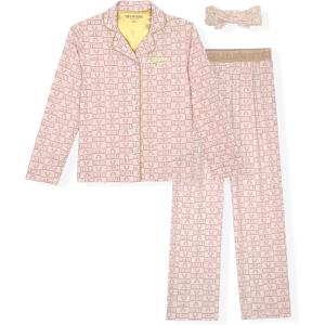 True Religion Girls Pajama Set 3-Piece Button-Front Top Sleep Pants and Headband(Light Pink)
