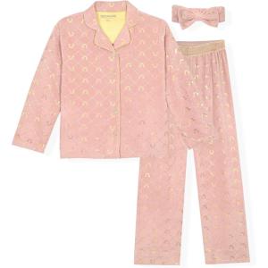 True Religion Girls Pajama Set 3-Piece Button-Front Top Sleep Pants and Headband(Mauve Gold Velour)