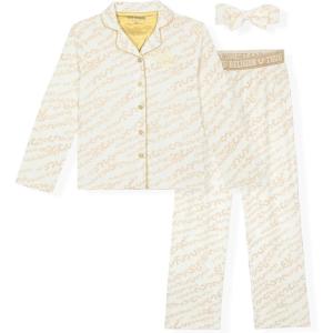 True Religion Girls Pajama Set 3-Piece Button-Front Top Sleep Pants and Headband(White Zebra Fleece)
