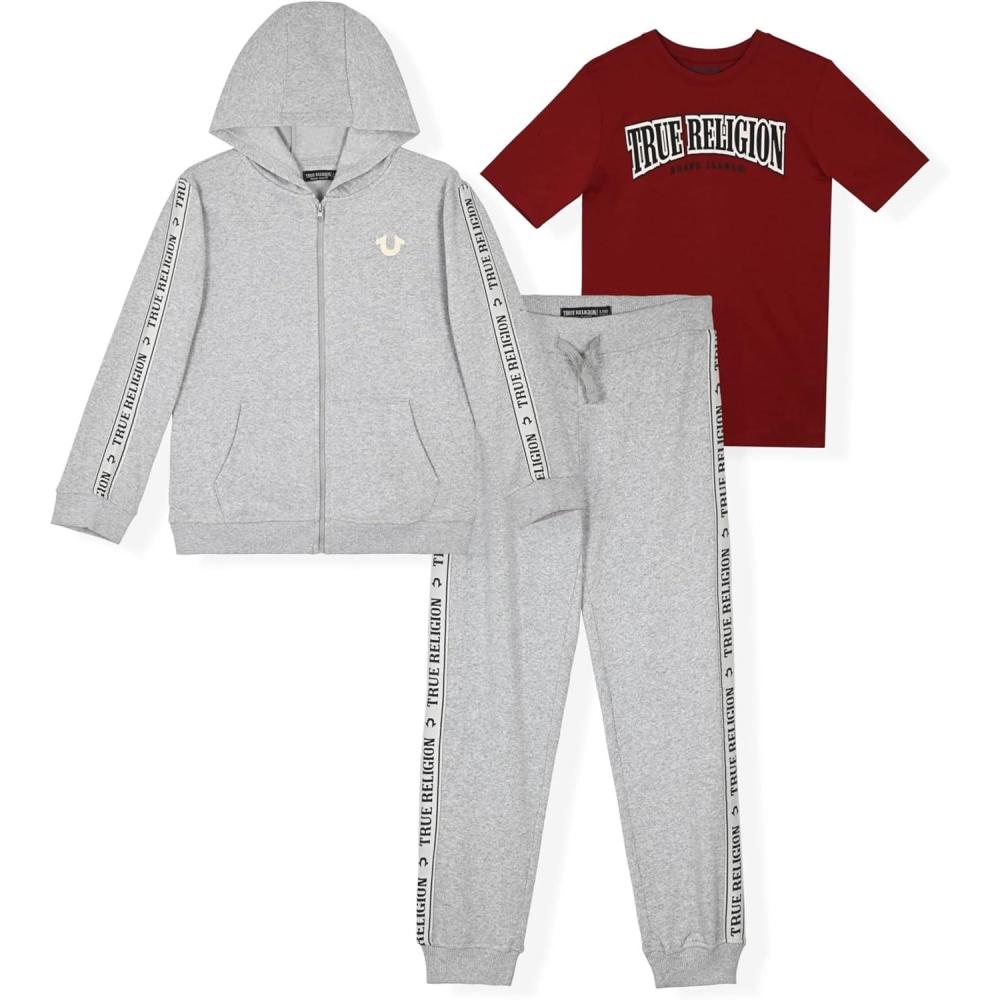imageTrue Religion Boys 3 Piece Fleece Jogger Sets Complete Hoodie Tee amp Sweatpants Outfit for Everyday StyleGrey Heatherred