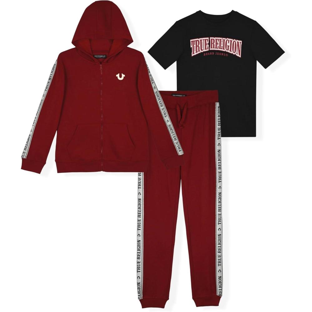 imageTrue Religion Boys 3 Piece Fleece Jogger Sets Complete Hoodie Tee amp Sweatpants Outfit for Everyday StyleRed Dahliablack