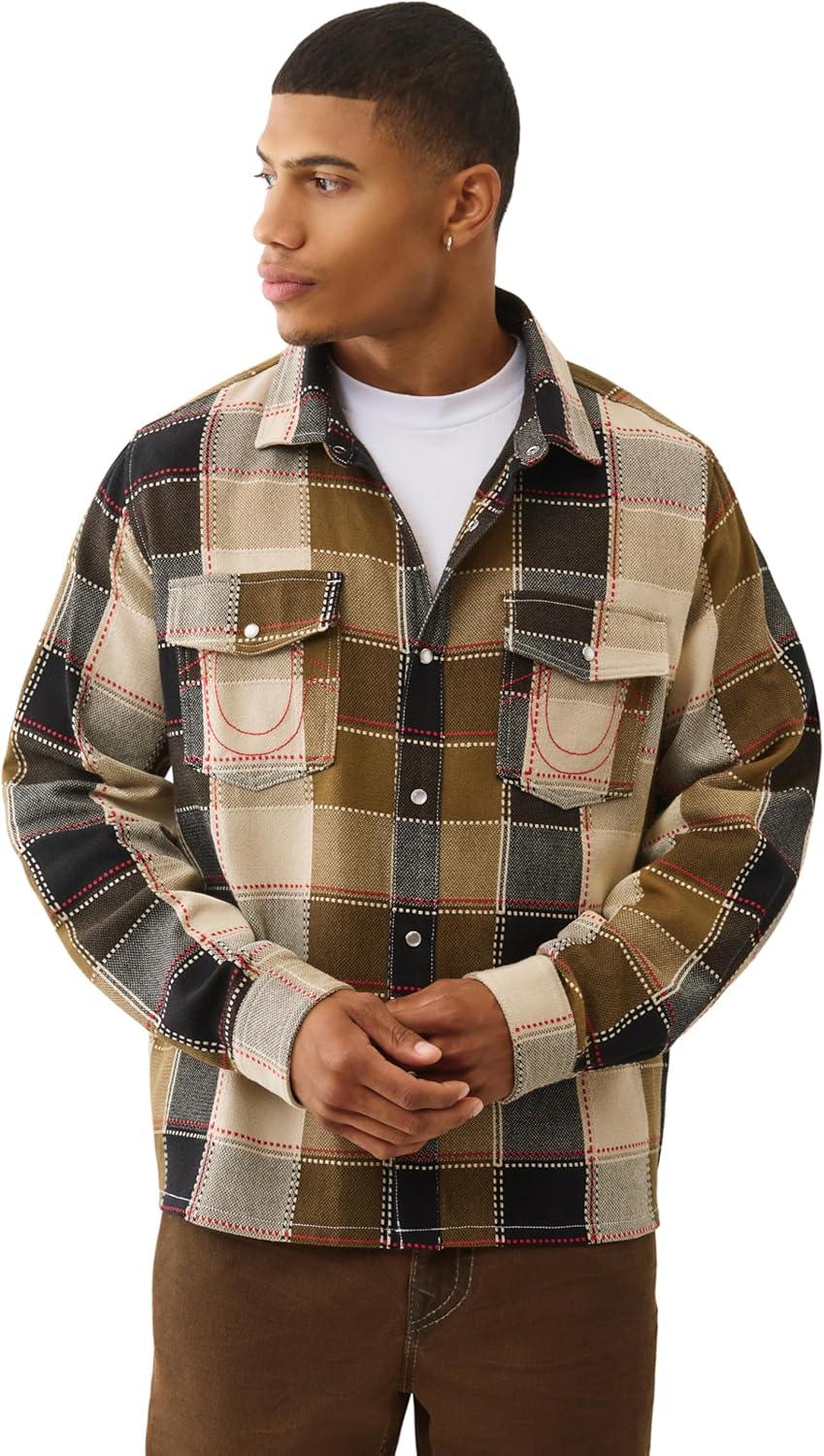 imageTrue Religion Mens LS Stitch Plaid Big T Western Cropped Shirt Long Sleeve ButtonBrown Red Tan
