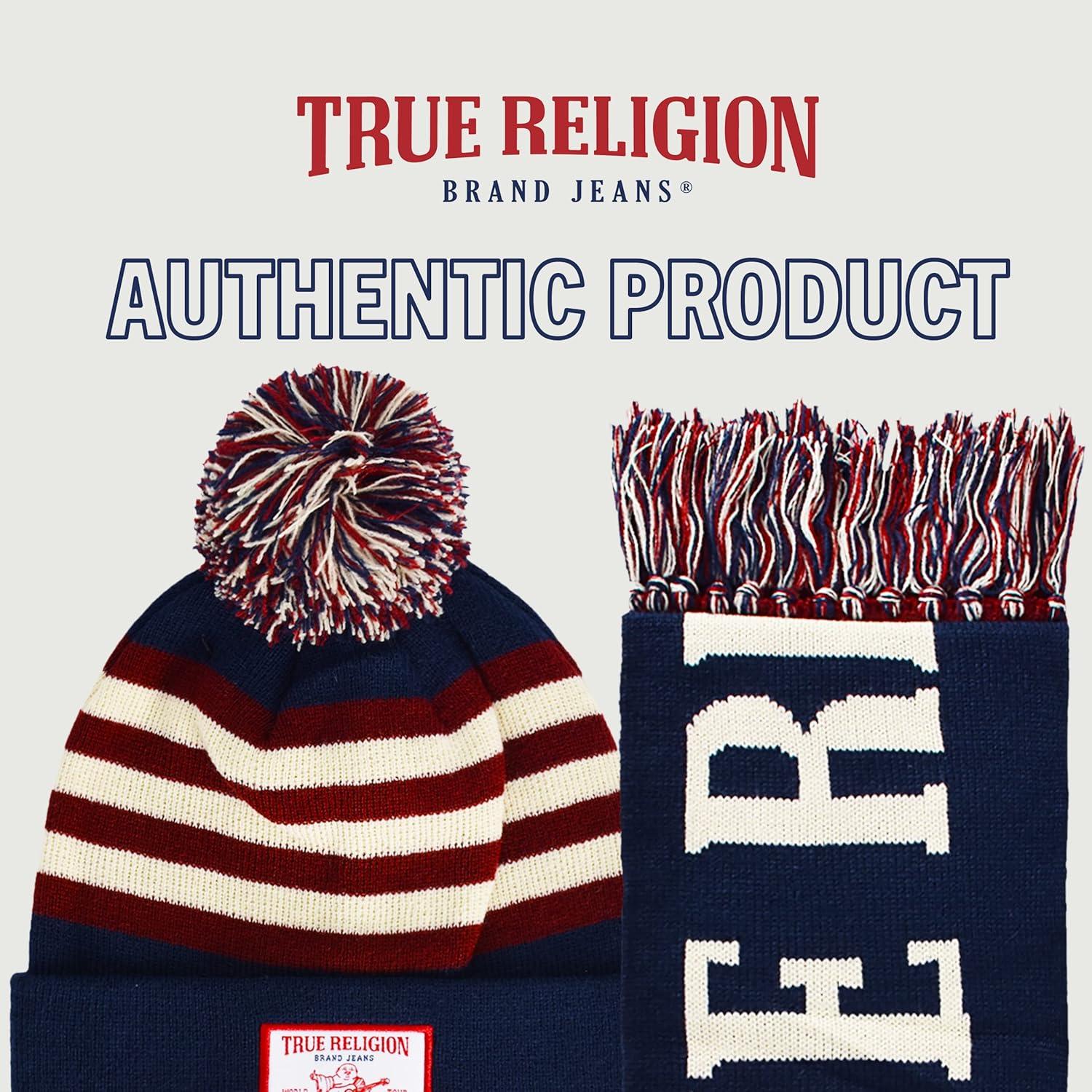 imageTrue Religion womens True Religion Beanie Hat and Scarf Set Winter Cuffed Knit Cap With Pom and Stadium Style ScarfNavy