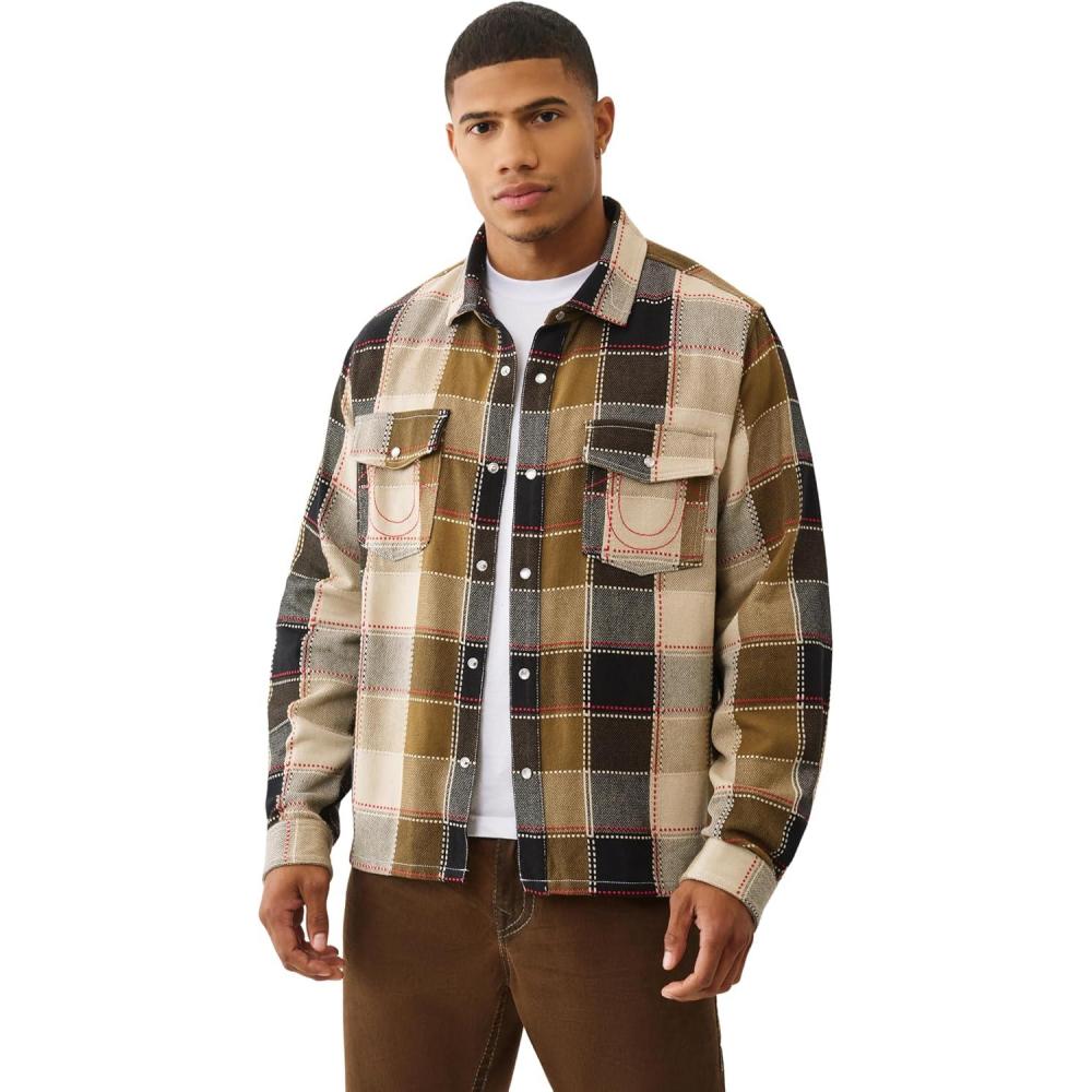 imageTrue Religion Mens LS Stitch Plaid Big T Western Cropped Shirt Long Sleeve ButtonBrown Red Tan
