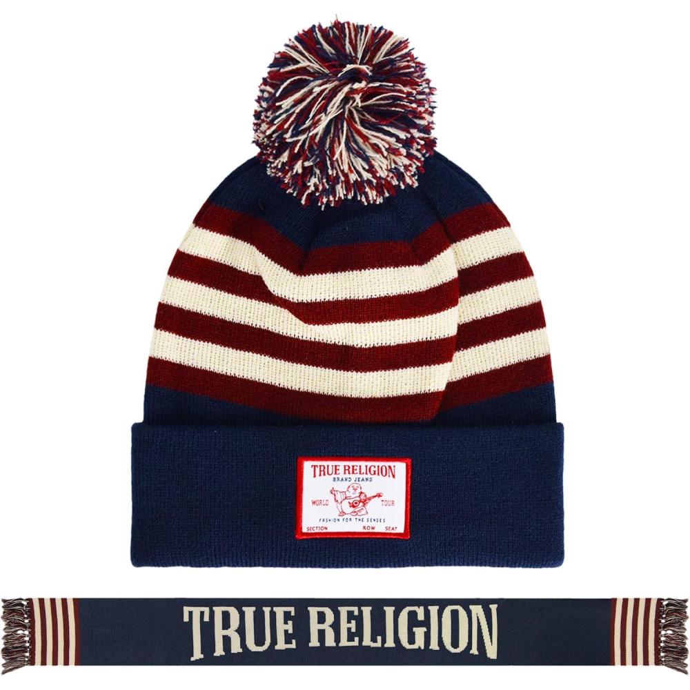 imageTrue Religion womens True Religion Beanie Hat and Scarf Set Winter Cuffed Knit Cap With Pom and Stadium Style ScarfNavy