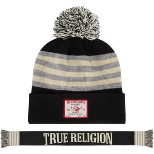 True Religion womens True Religion Beanie Hat and Scarf Set, Winter Cuffed Knit Cap With Pom and Stadium Style Scarf(Black)