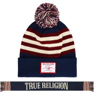 True Religion womens True Religion Beanie Hat and Scarf Set, Winter Cuffed Knit Cap With Pom and Stadium Style Scarf(Navy)