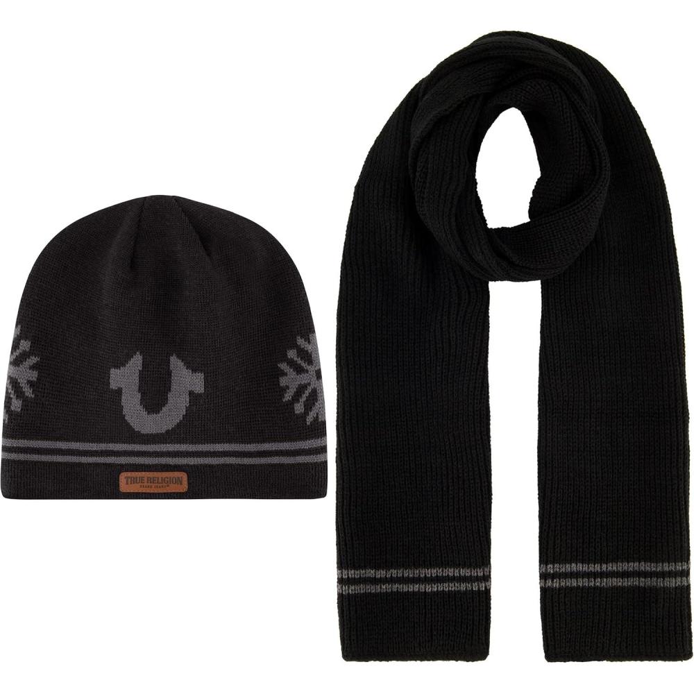 imageTrue Religion womens True Religion Beanie Hat and Scarf Set Ribbed Long Winter Knit Cap and Scarf With End StripesBlack