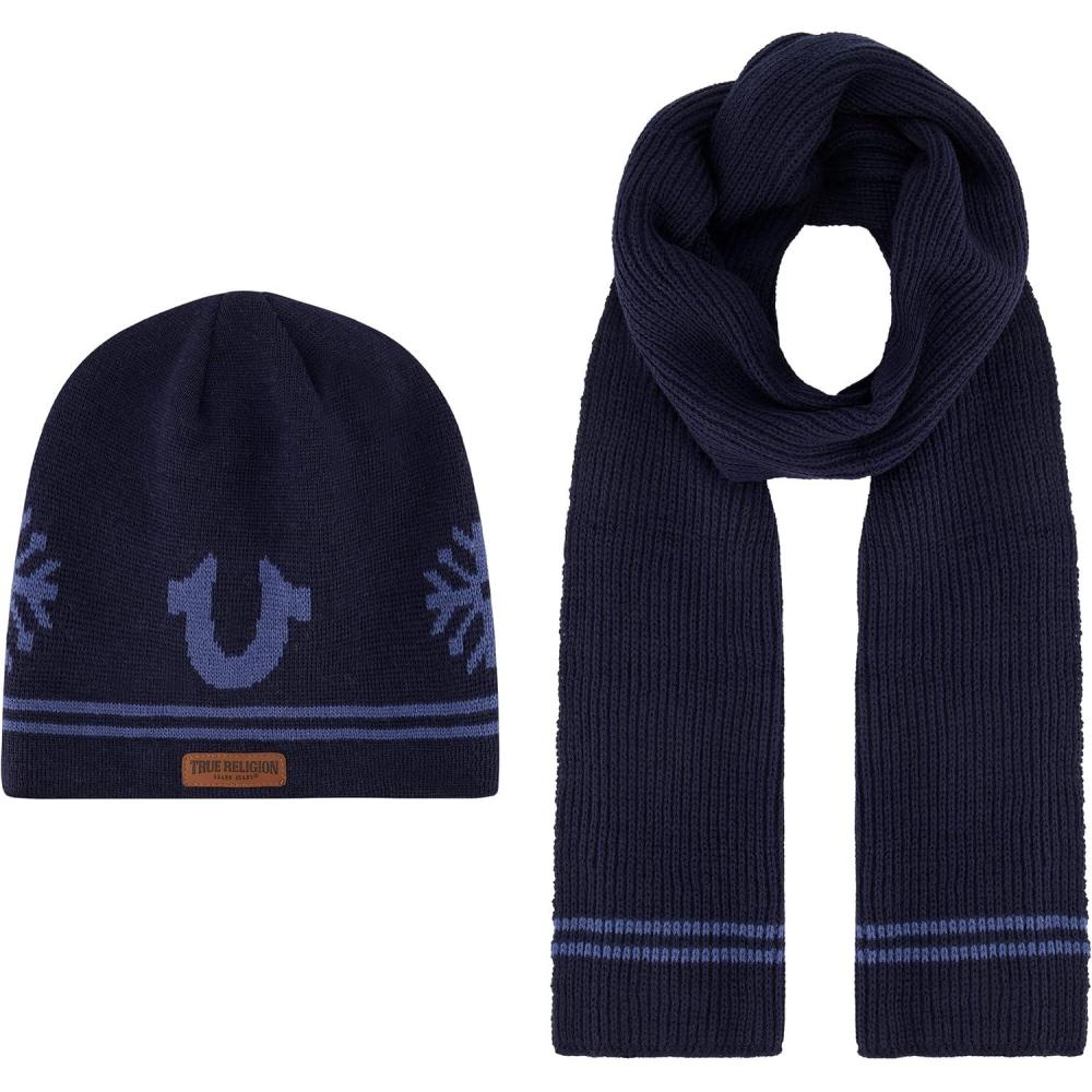 imageTrue Religion womens True Religion Beanie Hat and Scarf Set Ribbed Long Winter Knit Cap and Scarf With End StripesNavy
