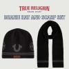 True Religion womens True Religion Beanie Hat and Scarf Set, Ribbed Long Winter Knit Cap and Scarf With End Stripes(Black)