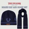 True Religion womens True Religion Beanie Hat and Scarf Set, Ribbed Long Winter Knit Cap and Scarf With End Stripes(Navy)