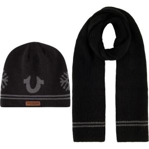 True Religion womens True Religion Beanie Hat and Scarf Set, Ribbed Long Winter Knit Cap and Scarf With End Stripes(Black)