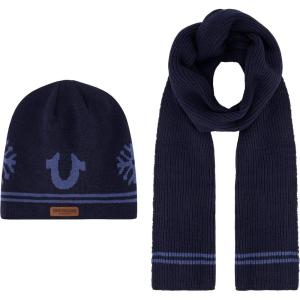 True Religion womens True Religion Beanie Hat and Scarf Set, Ribbed Long Winter Knit Cap and Scarf With End Stripes(Navy)