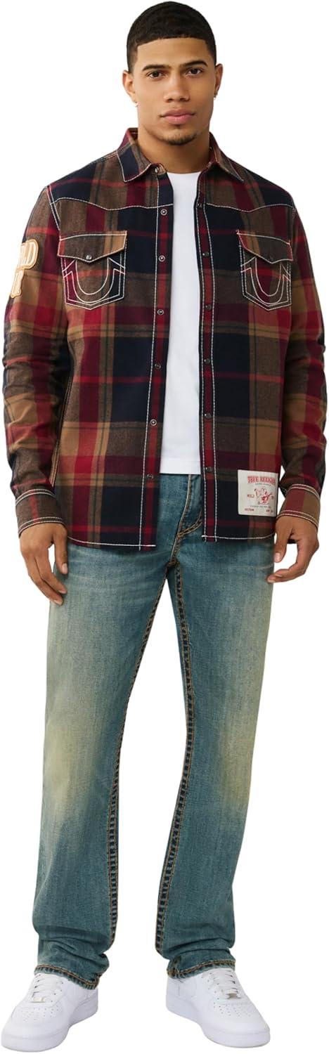 imageTrue Religion Big T Plaid Western Shirt Mens Long Sleeve Snap Button Cowboy Shirt 100 CottonBlue Tan Red