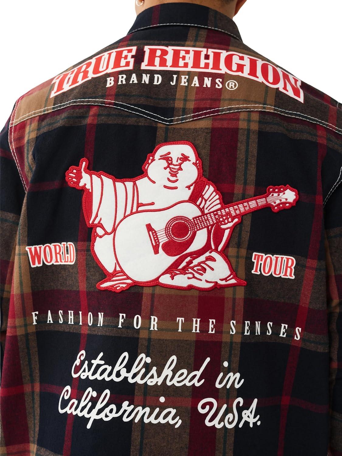 imageTrue Religion Big T Plaid Western Shirt Mens Long Sleeve Snap Button Cowboy Shirt 100 CottonBlue Tan Red