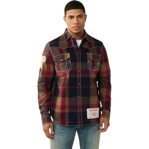 True Religion Big T Plaid Western Shirt – Men’s Long Sleeve Snap Button Cowboy Shirt – 100% Cotton(Blue / Tan / Red)