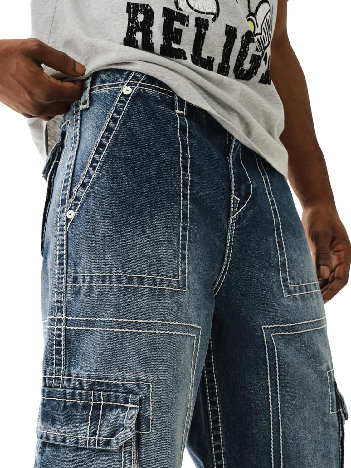 imageTrue Religion Mens Denim Big T Cargo Pants with Signature StitchingDark Rebel Race Wash