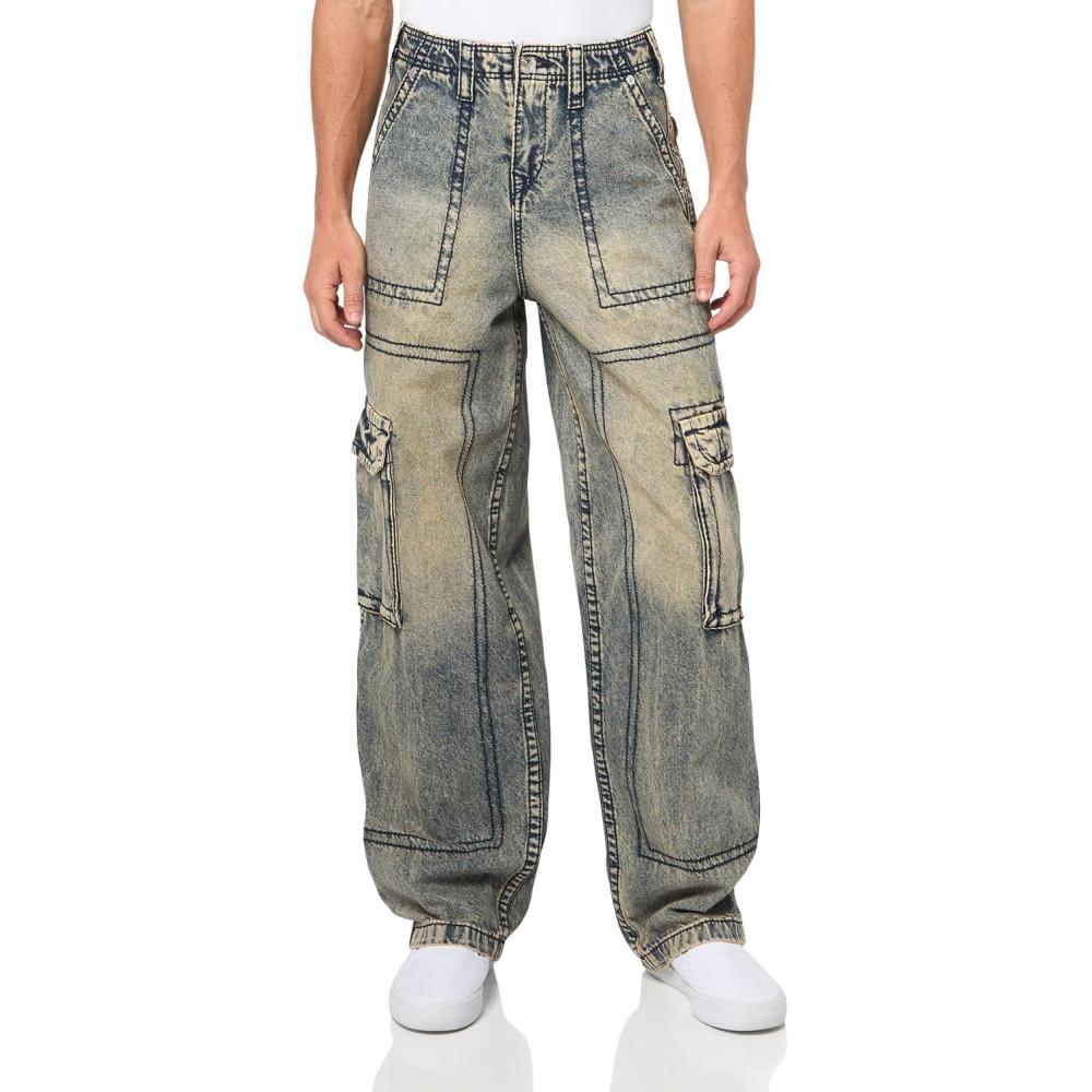 imageTrue Religion Mens Denim Big T Cargo Pants with Signature StitchingElizabeth St Mediym Wash