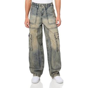 True Religion Men’s Denim Big T Cargo Pants with Signature Stitching(Elizabeth St Mediym Wash)
