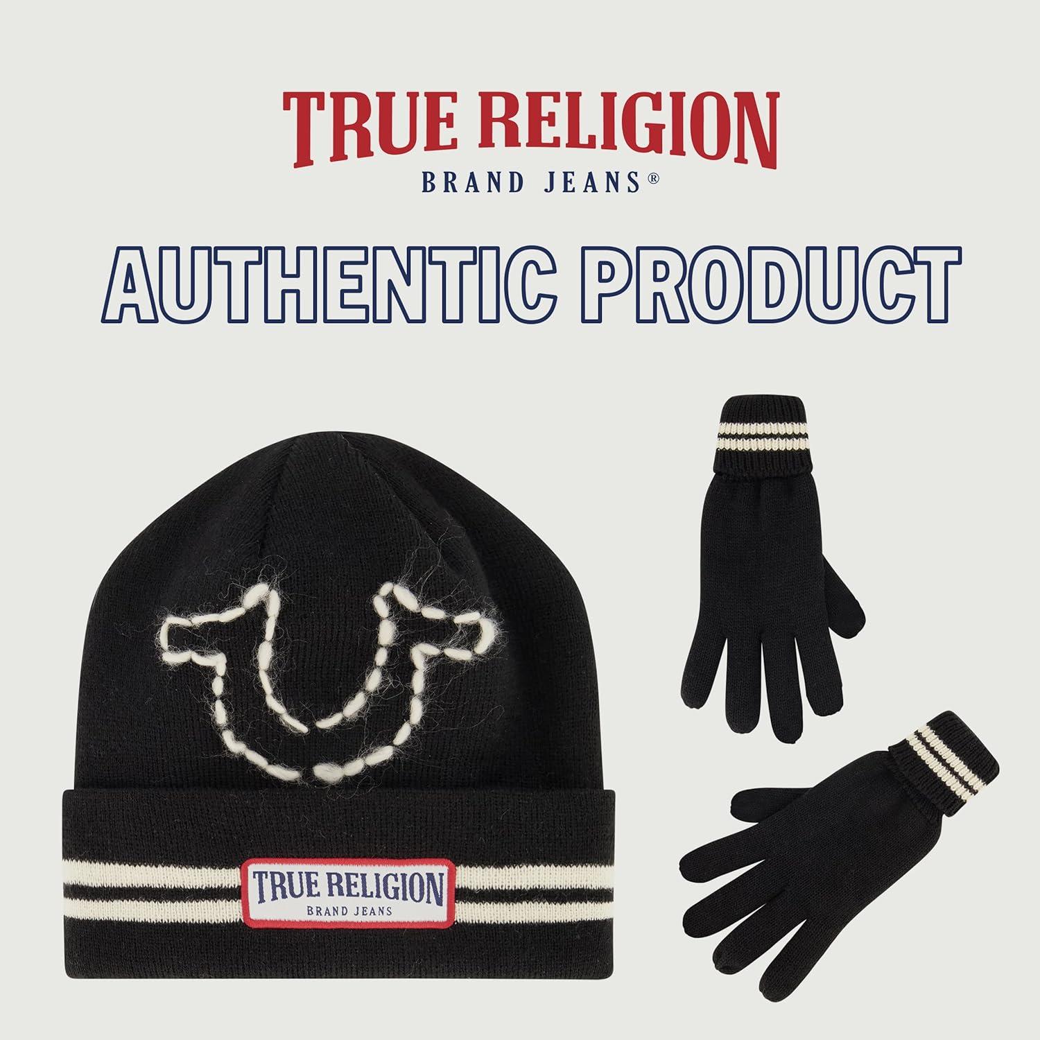 imageTrue Religion Beanie Hat and Gloves Set Cuffed Winter Knit Cap with Stitched Yarn Horseshoe Logo and Fleece Lined MittensBlack