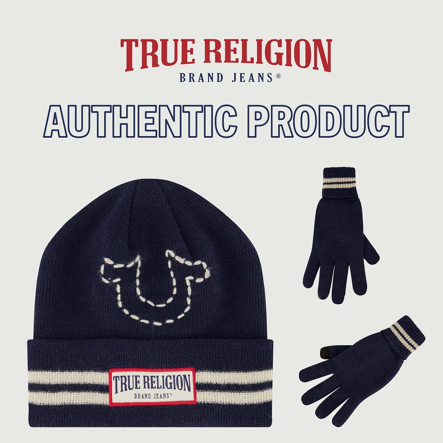 imageTrue Religion Beanie Hat and Gloves Set Cuffed Winter Knit Cap with Stitched Yarn Horseshoe Logo and Fleece Lined MittensNavy
