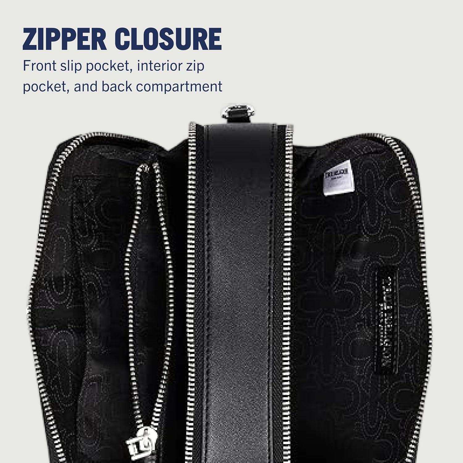 imageTrue Religion Camera Bag DoubleZip Horseshoe Crossbody Purse with Adjustable Strap Embossed Logo and Silver Hardware Black