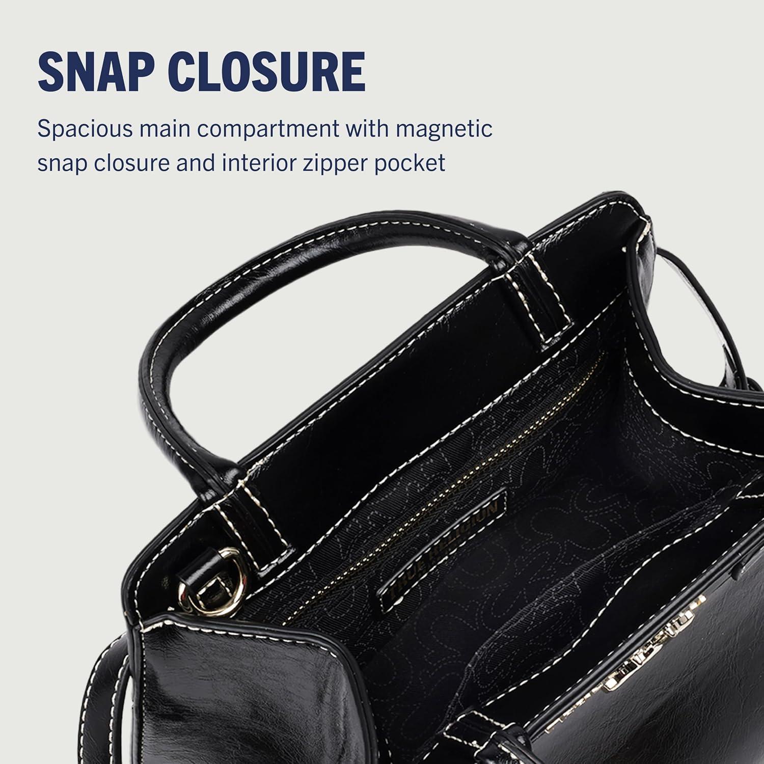 imageTrue Religion Tote Bag Buckle Tab Structured Purse with Detachable Strap Contrast Stitching and Silver HardwareBlack