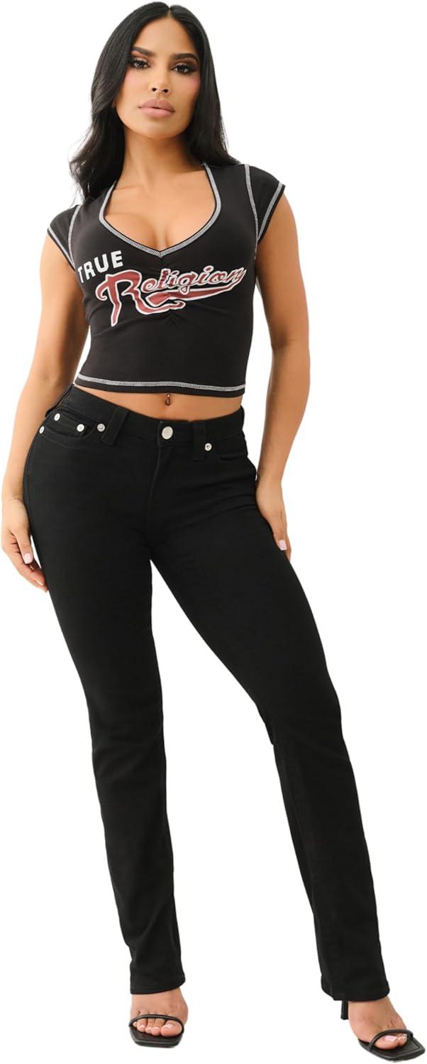 imageTrue Religion Womens TR Ruching Cap Sleeves Top Fitted Short Sleeve ShirtJet Black