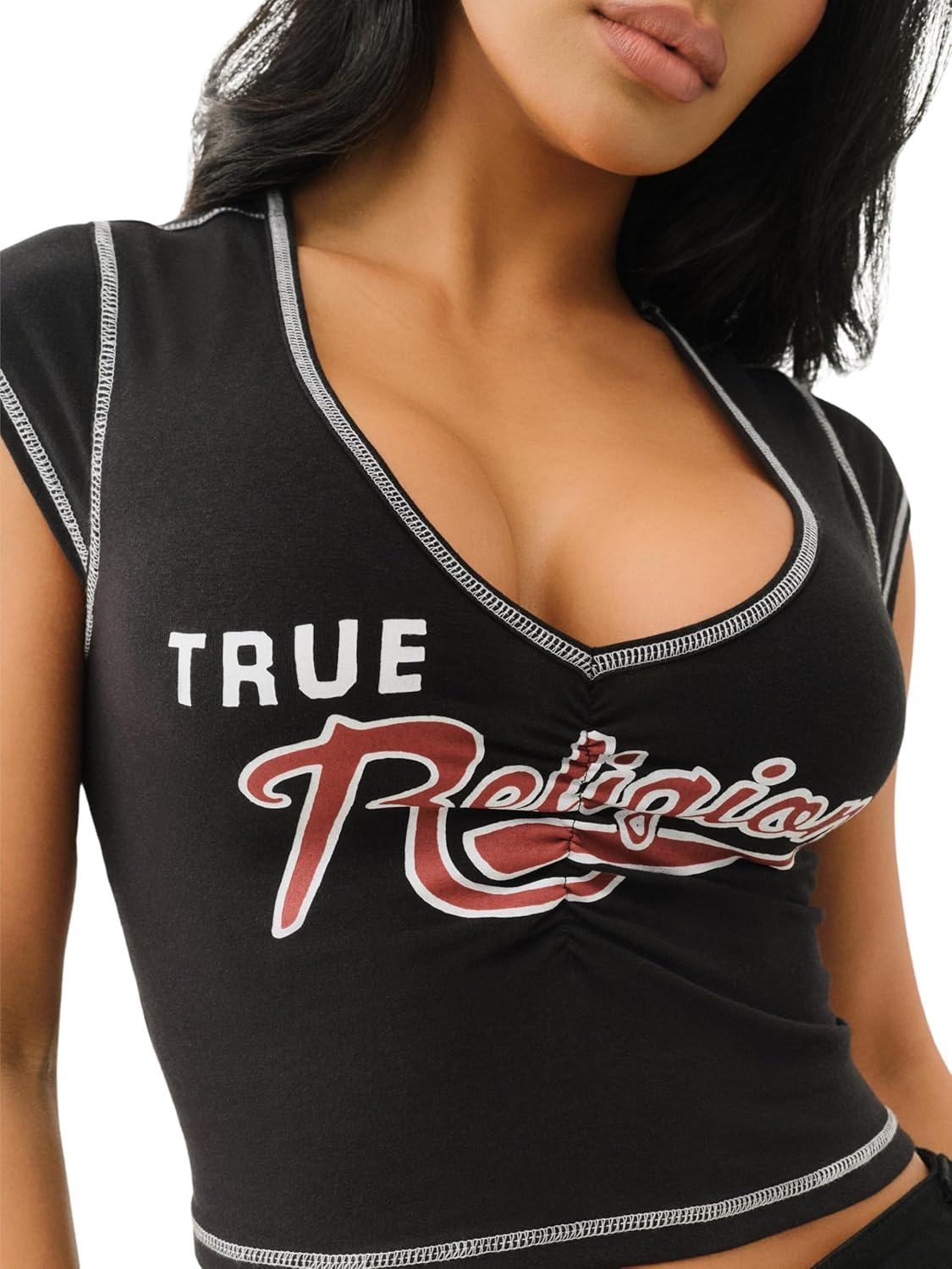 imageTrue Religion Womens TR Ruching Cap Sleeves Top Fitted Short Sleeve ShirtJet Black