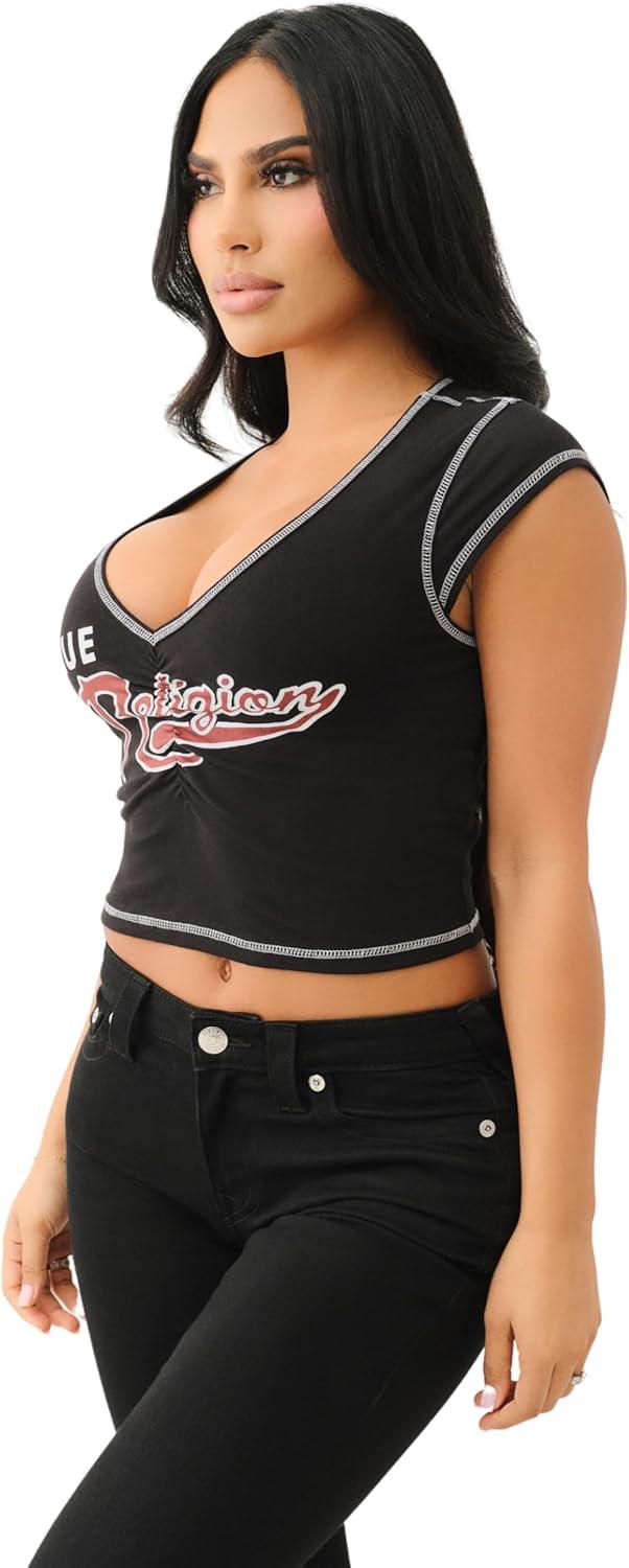 imageTrue Religion Womens TR Ruching Cap Sleeves Top Fitted Short Sleeve ShirtJet Black