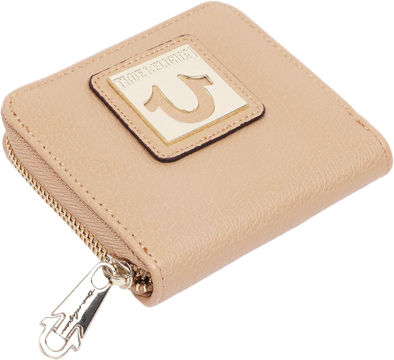 imageTrue Religion ZipAround Wallet Womens Horseshoe Plaque Mini Credit Card Holder Wallet Tan