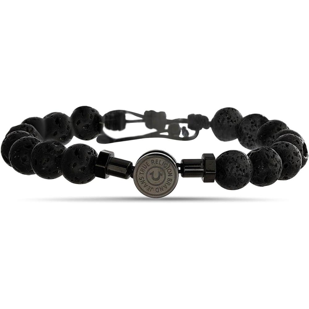 imageTrue Religion 75mm Black Bead Horseshoe 12 Inch Long Adjustable Bracelet for Men Black Rhodium Plated Stainless Steel