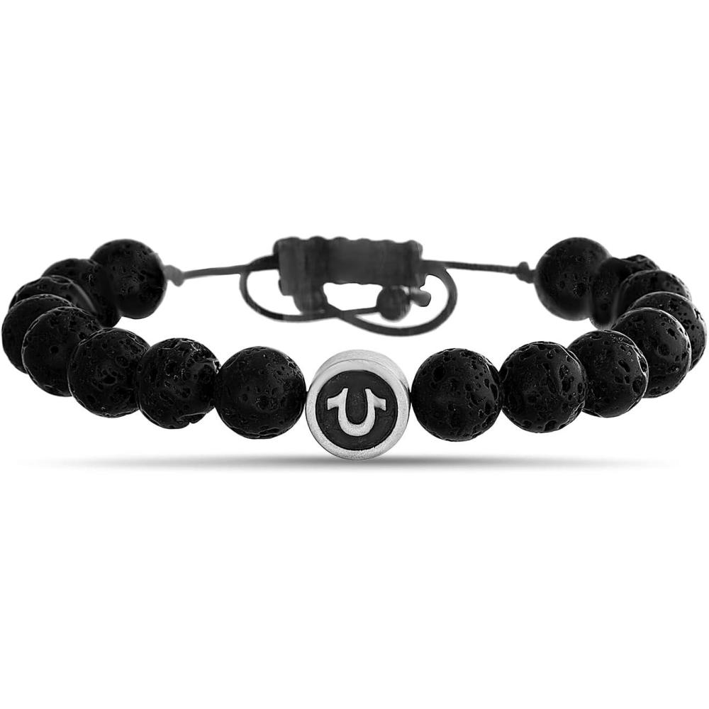 imageTrue Religion 8mm Black Bead Horseshoe 11 Inch Long Adjustable Bracelet for Men Stainless Steel