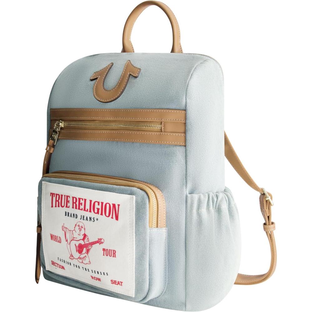 imageTrue Religion Backpack Buddha Patch Bag with Horseshoe Logo and Zip Pocket Travel Bag Denim