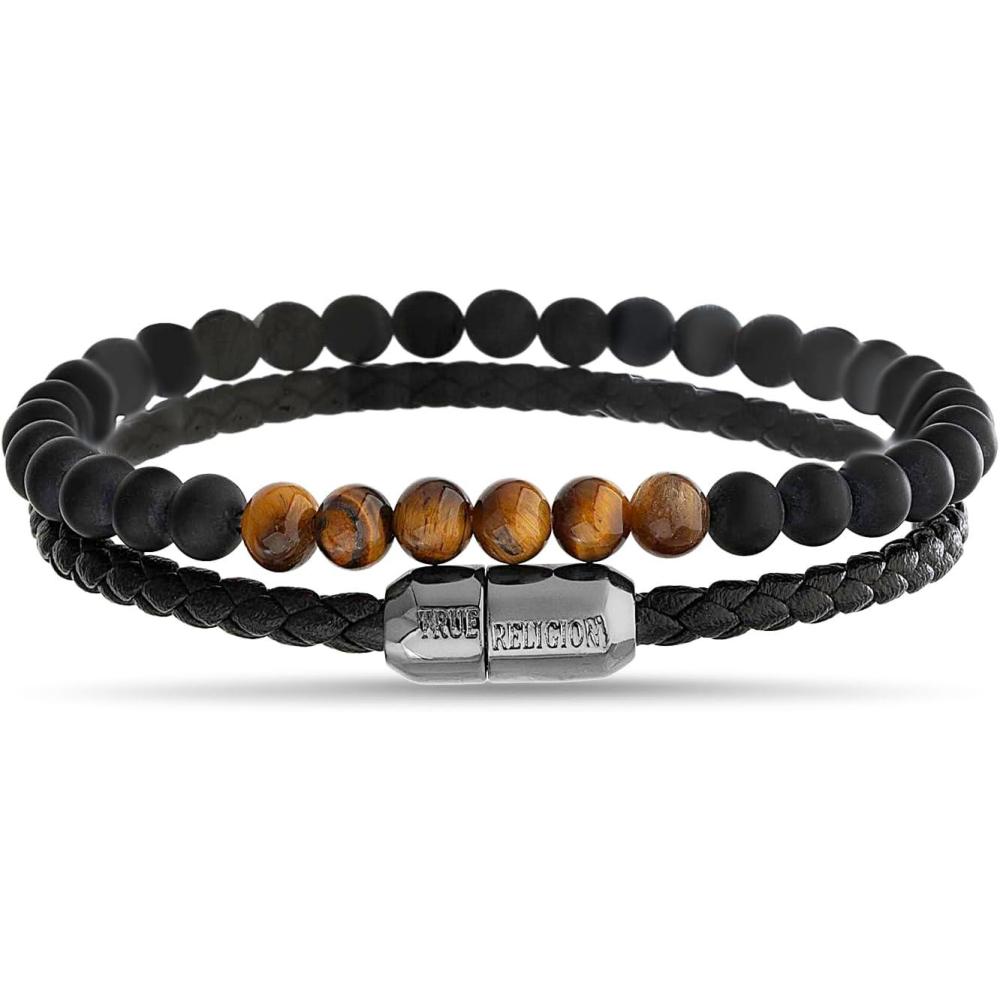 imageTrue Religion Beaded Simulated Black Leather 85 Inch Double Row Bracelet for MenBlack
