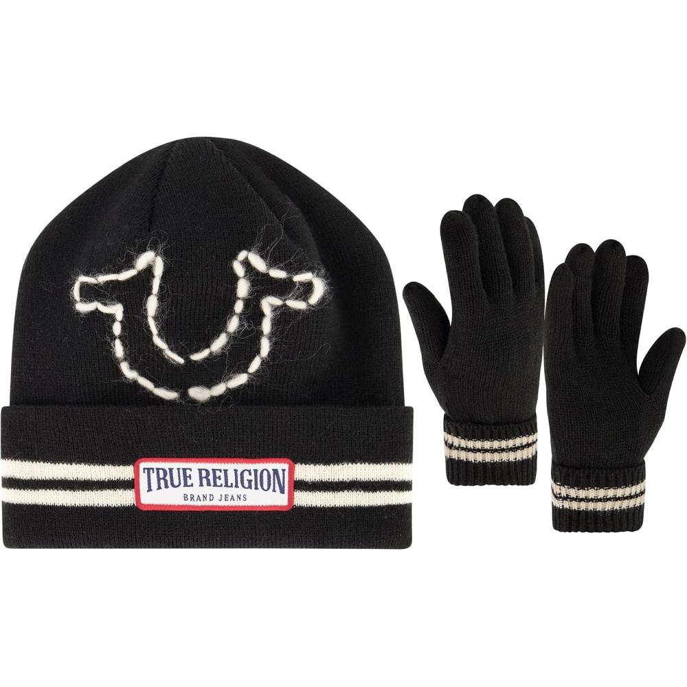imageTrue Religion Beanie Hat and Gloves Set Cuffed Winter Knit Cap with Stitched Yarn Horseshoe Logo and Fleece Lined MittensBlack