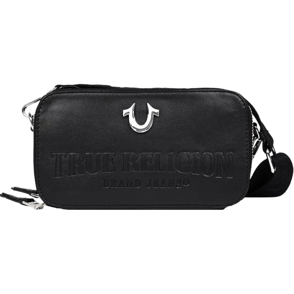 imageTrue Religion Camera Bag DoubleZip Horseshoe Crossbody Purse with Adjustable Strap Embossed Logo and Silver Hardware Black