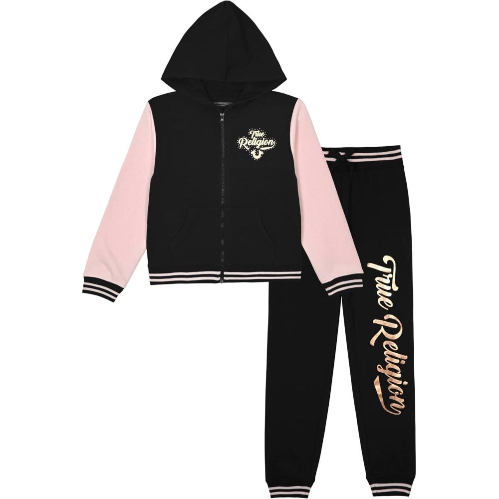 imageTrue Religion Girls 2 Piece Fleece Hooded Jogger Set  ZipFront Hoodie amp Sweatpants OutfitBlack Varsity