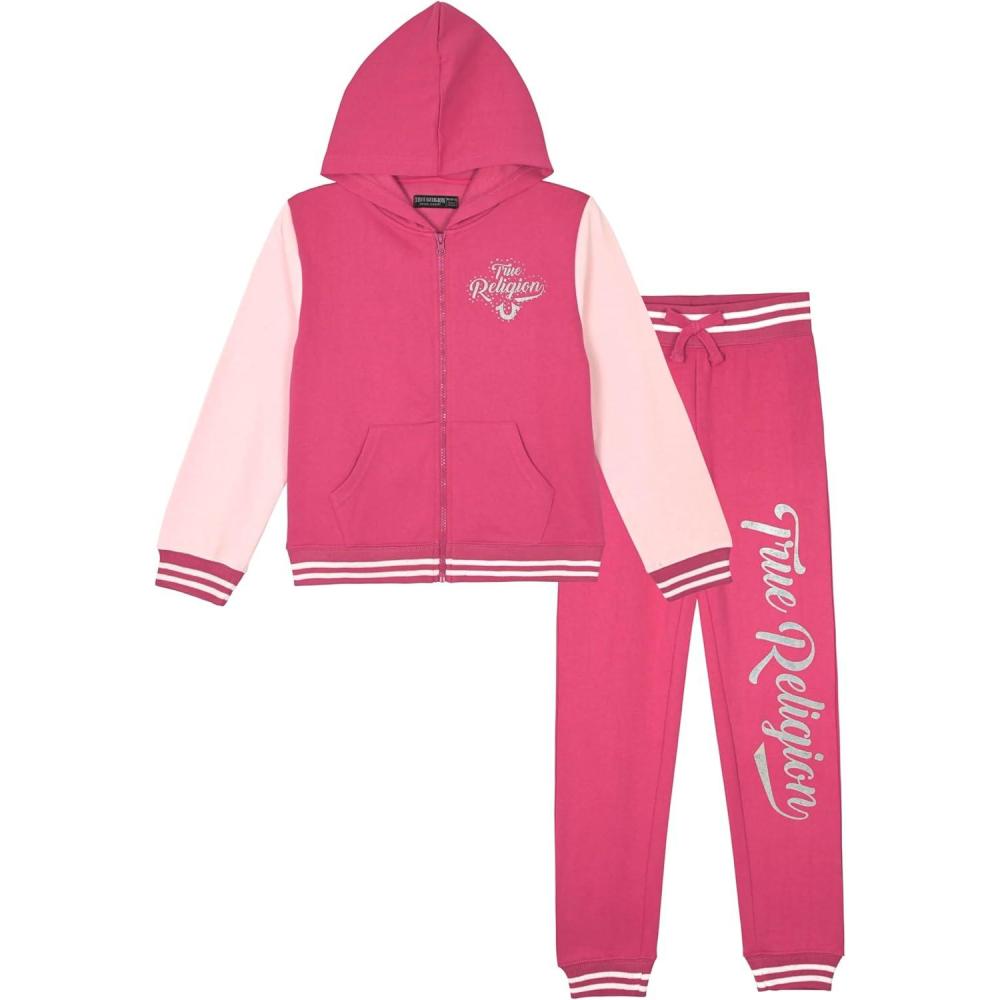 imageTrue Religion Girls 2 Piece Fleece Hooded Jogger Set  ZipFront Hoodie amp Sweatpants OutfitPink Varsity