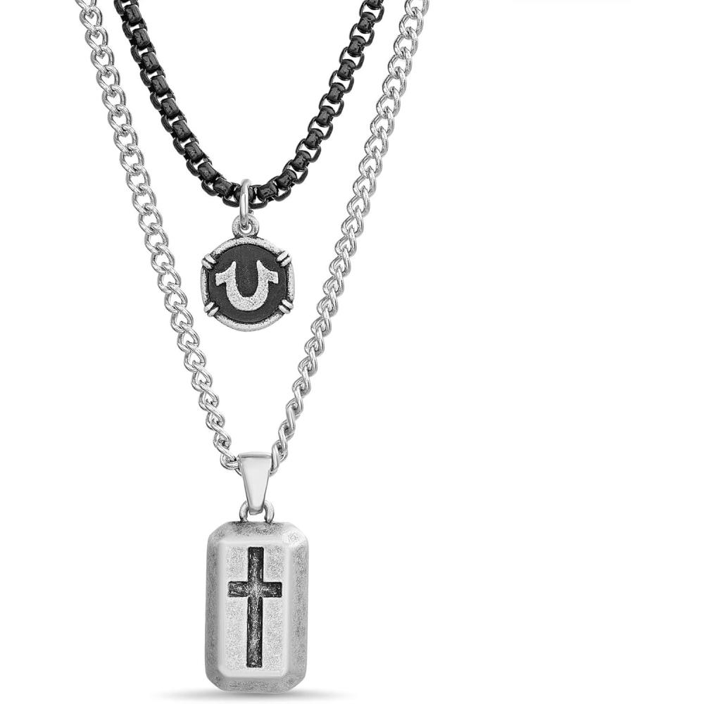 imageTrue Religion Horseshoe Black Cross Dog Tag Pendant 22 Inch Long Chain Necklace for Men Stainless Steel