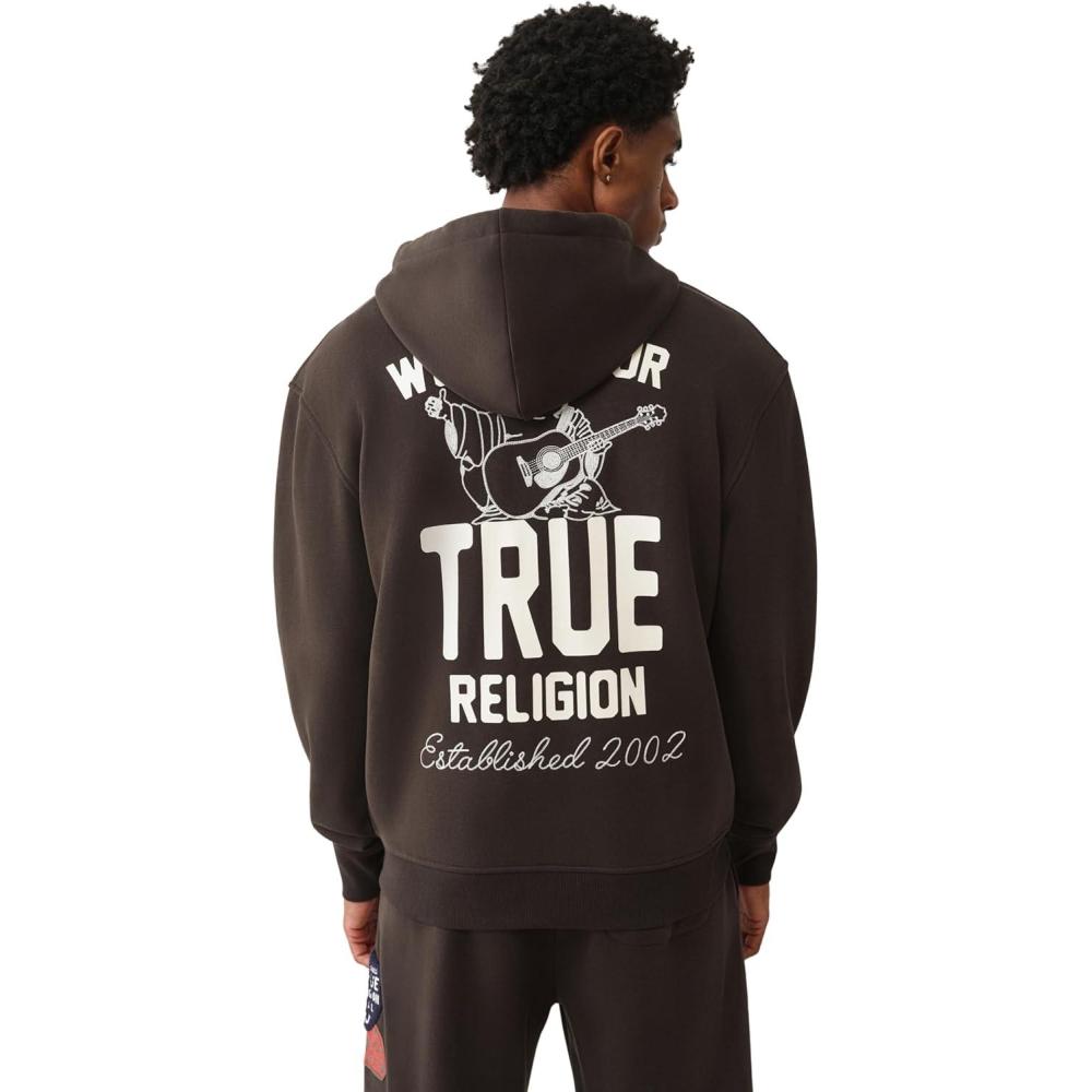 imageTrue Religion Mens Patch Vintage Zip Up Hoodie  Full Zip SweatshirtDark Brown