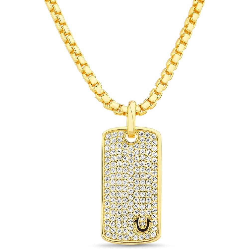 imageTrue Religion Pave Cubic Zirconia Dog Tag Pendant 22 Inch Long Thick Box Chain Necklace for Men 14K Yellow Gold Plated Brass