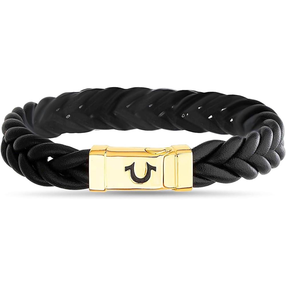 imageTrue Religion Simulated Black Leather Horseshoe 12mm Thick Braded ID Style 9 Inch Long Bracelet for Men 14K Yellow Gold Plated Brass