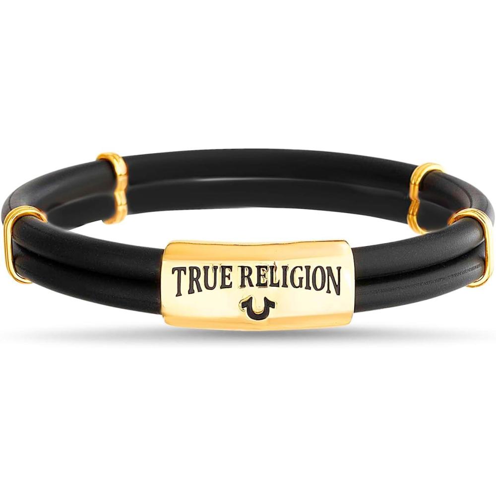imageTrue Religion Simulated Black Leather Horseshoe ID Style 9 Inch Bracelet for Men 14K Yellow Gold Plated Brass